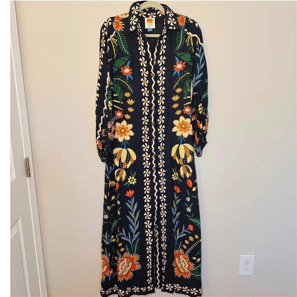 Anthropologie Farm Rio Multicolor Button Front Maxi Dress A Line Tropical SZ XXS